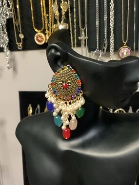 Multicolor Beaded Gold-Tone Statement Drop Earrings